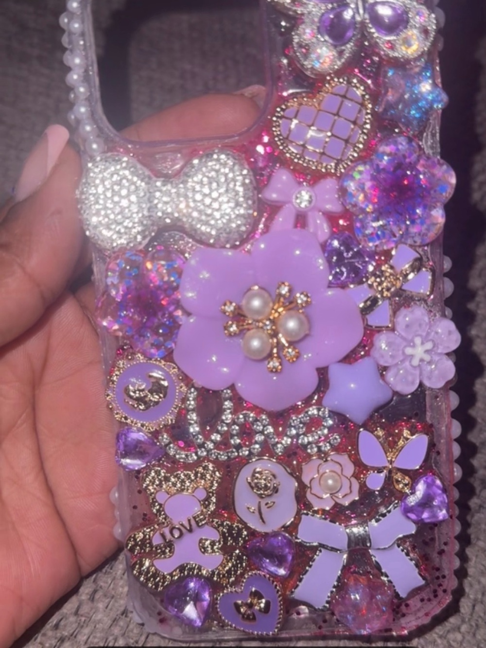 Apple Purple Floral Pearl Bow Rhinestone Embellished Phone Case